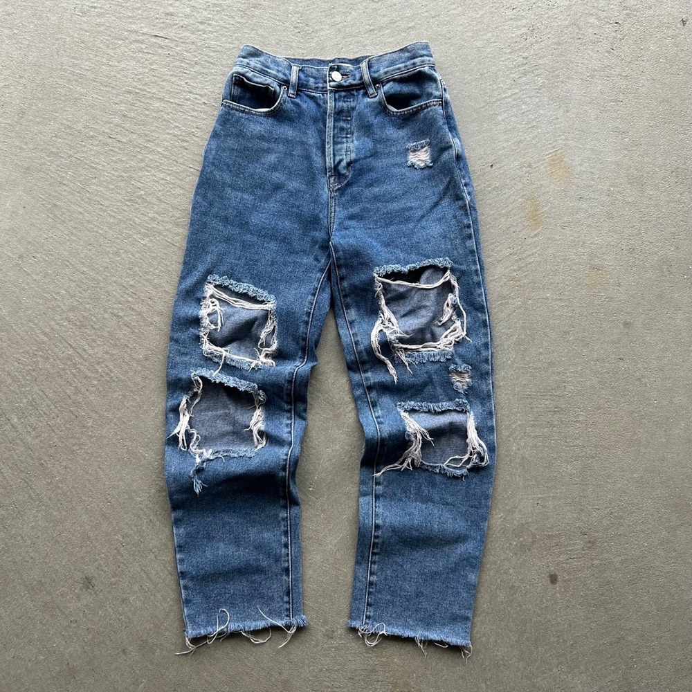 PacSun High Rise Straight Jeans Womens 24 Blue Distressed Raw Hem Button Fly